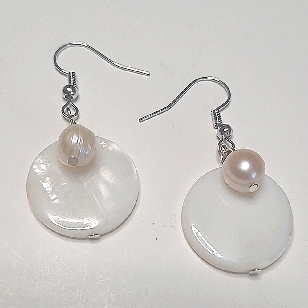 White Round Disc Earrings with Pearlescent Finish and Silver Fish Hooks